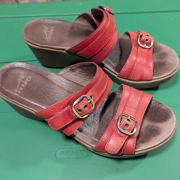 Dansko Jessie Slide Sandals Leather Double Strap Clog Red Slip On Scandi Girl - Picture 3 of 7